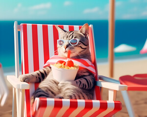 Gato blanco y gris con gafas para el sol de vacaciones de verano se relaja y descansa en la playa con un helado de frutas.Concepto de cuidado de mascotas - obrazy, fototapety, plakaty