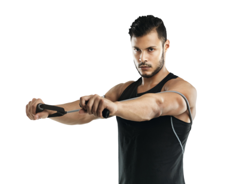 Fitness, stretching and portrait of a man with resistance band isolated on a transparent, png background. Serious male athlete person, bodybuilder or aesthetic model exercise, training and workout