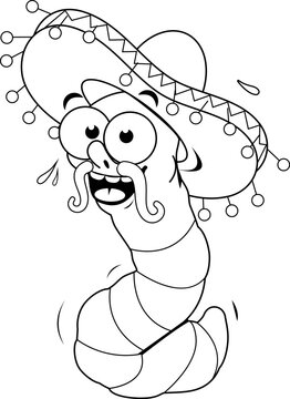 recommend clip art: Cartoon tequila worm with a Mexican sombrero hat. Vector black and white coloring page.