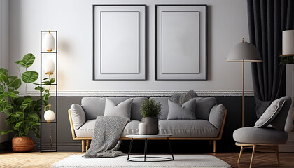 Mockup of two poster frames in a living area with a Scandinavian style, Generative AI