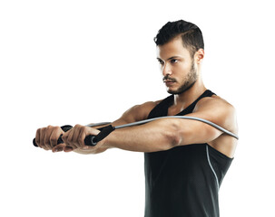 Fitness, stretching exercise and man with resistance band isolated on a transparent, png...