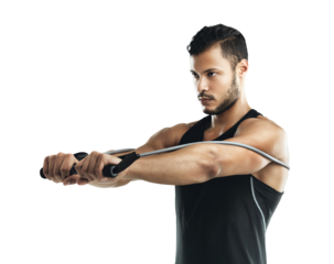 Fitness, stretching exercise and man with resistance band isolated on a transparent, png background. Focus of serious athlete person, bodybuilder or aesthetic model training for strong muscle growth