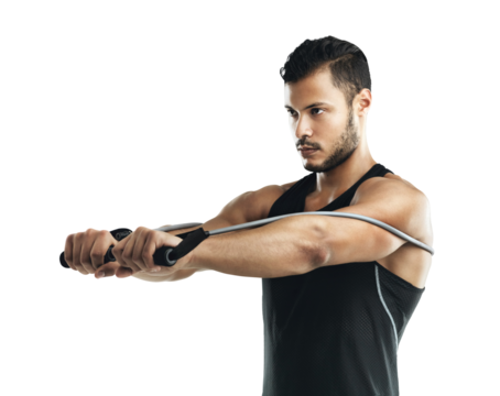 Fitness, stretching exercise and man with resistance band isolated on a transparent, png background. Focus of serious athlete person, bodybuilder or aesthetic model training for strong muscle growth