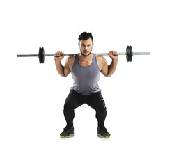 Isolated bodybuilder man, barbell squat exercise and fitness workout with health by transparent png...