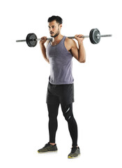 Fitness, exercise and a bodybuilder man with a barbell isolated on a transparent, png background....