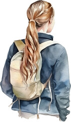 Beautiful Watercolor Traveler With Backpack. Young Girl With A Long Blonde Hair. Generative AI.