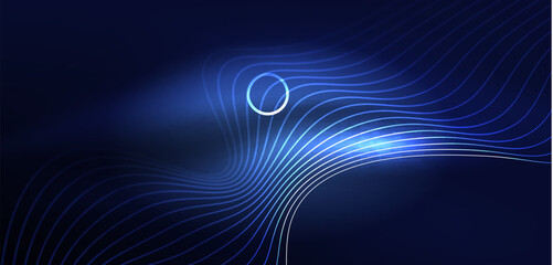 Neon laser lines, circles waves abstract background. Neon light or laser show, electric impulse, power lines, techno quantum energy impulse, magic glowing dynamic lines