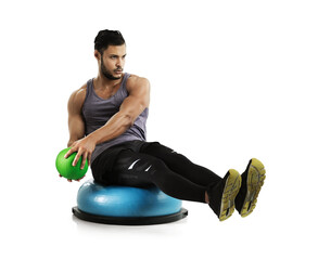 Isolated man, medicine ball and twist for training, core workout and bosu ball by transparent png background. Guy, model or personal trainer with exercise for strong abs, balance or wellness for body