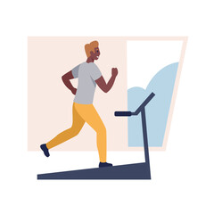 Smiling sporty guy working out on cardio machine. Happy black male athlete running on treadmill in gym during training session. Flat vector illustration