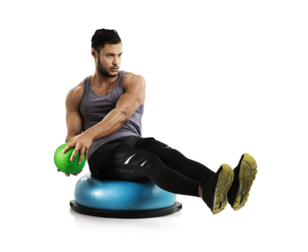 Isolated man, medicine ball and twist for training, core workout and bosu ball by transparent png background. Guy, model or personal trainer with exercise for strong abs, balance or wellness for body