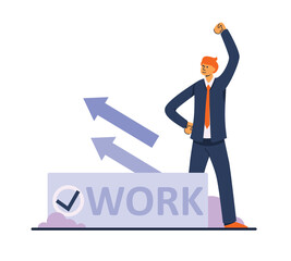 Cartoon red haired guy raises hand and succeeds in job. Career goal achievement. Happy business. Rejoicing success. Vector flat style illustration on white background