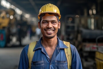 L&auml;chelnder Mitarbeiter in der Fabrik: Verk&ouml;rperung der indischen Kultur mit sympathischer Pers&ouml;nlichkeit und maskuliner Ausstrahlung, Generative AI