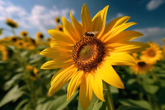 sunflower in the field bee closeup