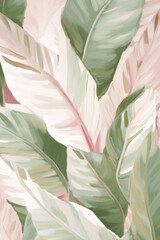 Green And Pink Leaves Background. Oil Painting Floral Wallpaper. Generative AI.