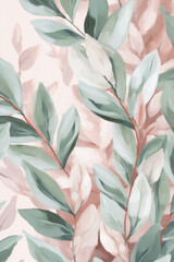Green And Pink Leaves Background. Oil Painting Floral Wallpaper. Generative AI.