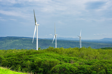 Huge fields of wind turbines used to generate electricity are located in the mountains where the wind blows constantly.