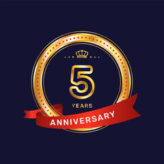 5 year anniversary logo with gold ring and red ribbon, vector template