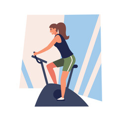 Sporty lady doing cardiovascular workout on fitness equipment. Merry athletic young female dressed in sportswear riding stationary exercise bike. Flat vector illustration