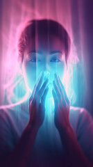 Portrait of young Asian woman covered her face with her hands on blue red neon lights background. Ultraviolet make-up. Generative AI. High quality illustration