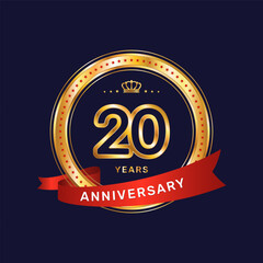 20 year anniversary logo with gold ring and red ribbon, vector template