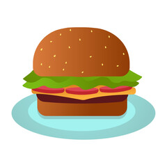 Vector image of a burger icon on a blue plate. Simple illustration, food, products, menu