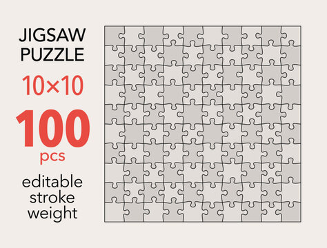 Empty jigsaw puzzle grid template, 10x10 shapes, 100 pieces. Separate matching puzzle elements. Flat vector illustration layout, every piece is a single shape.