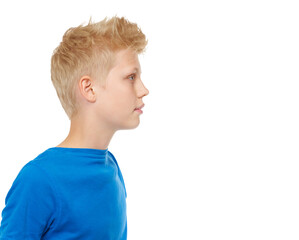 Profile, kids and fashion with a confident boy isolated on a transparent background in trendy clothes. Children, style and face with a fashionable male teenager posing in casual clothing on PNG