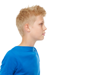 Profile, kids and fashion with a confident boy isolated on a transparent background in trendy clothes. Children, style and face with a fashionable male teenager posing in casual clothing on PNG