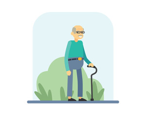 Cartoon elderly smiling man walks with stick in street. Senior people having healthy and active lifestyle. Recreation time. Happy old age. Vector illustration