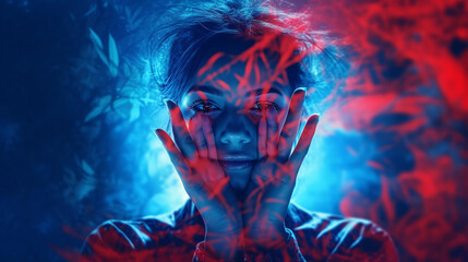 Portrait of young woman covered her face with her hands on blue red neon lights background. Ultraviolet make-up. Generative AI. High quality illustration