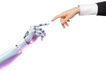 White cyborg robotic hand pointing his finger to human hand with stretched finger - cyber la creation - isolated on free PNG background.