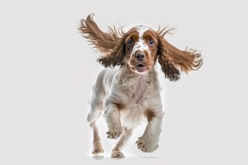 Pure youth crazy. English cocker spaniel young dog is posing. Cute playful white - braun doggy or pet is playing and looking happy isolated on white background. Concept of motion