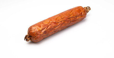 Whole krakowska sausage, isolated. Polish dry smoked sausage on white background. Packshot photo for package design.