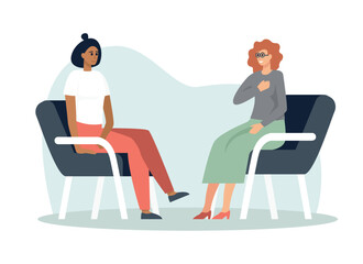 Colored flat style women meeting and talking. Colleagues having conversation in modern restaurants. Friends spending time together in cafe. Vector flat style illustration on white background