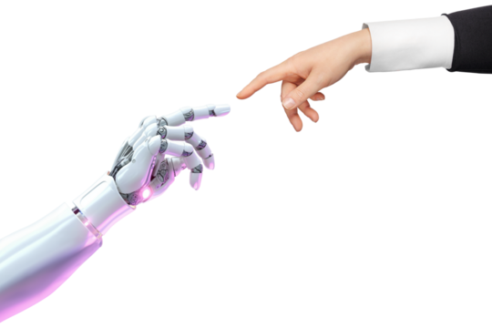 White cyborg robotic hand pointing his finger to human hand with stretched finger - cyber la creation - isolated on free PNG background.