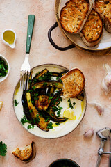 Grilled eggplant Turkish style with garlic yogurt .top veiw