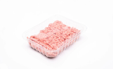 Raw minced meat in a transparent plastic container, isolated. A packshot photo for package design.