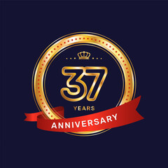 37 year anniversary logo with gold ring and red ribbon, vector template