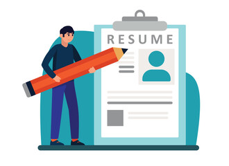 Cartoon guy writes resume for job. Hiring managers and job seekers. Process of selecting resumes. Human resource management. Time for employment interviewing. Vector