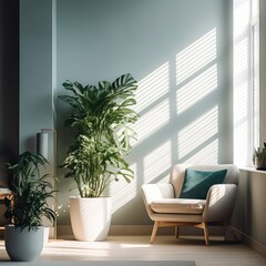 Stylish room interior with comfortable furniture and plant near wall. Scandinavian interior design