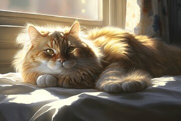 Cat lying on a bed in sunlight, hyperrealism, photorealism, photorealistic
