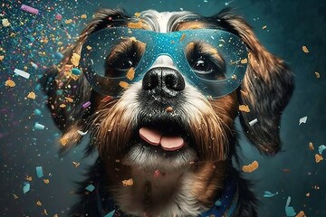 Cute dog celebrating birthday and carnival with mask, confetti and streamer. Generative AI. , hyperrealism, photorealism, photorealistic