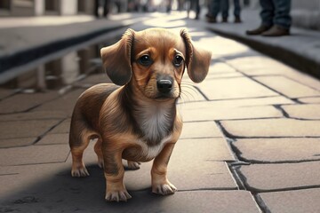 Cute dog standing on pavement, hyperrealism, photorealism, photorealistic