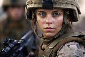 a woman in military uniform holding a gun - obrazy, fototapety, plakaty