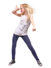 Lets party. Dancing, happy and a fun girl child on isolated, transparent and png background....