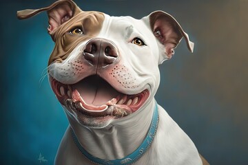 A happy blue and white Pit Bull Terrier mixed breed dog with its tongue hanging out, hyperrealism, photorealism, photorealistic