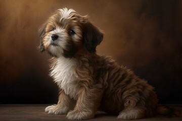 Beautiful sitting reddish havanese puppy dog is looking upward, hyperrealism, photorealism, photorealistic