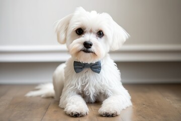 Cute young small white dog wearing a modern bowtie. Sitting on the white wood floor and looking at the camera. White background. Pets indoors