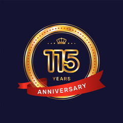 115 year anniversary logo with gold ring and red ribbon, vector template