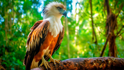 Fototapeta premium Philippine Eagle (Pithecophaga Jefferyi) Perched on Green Branch in Tropical Forest. Endangered Raptor, Jungle Predator.